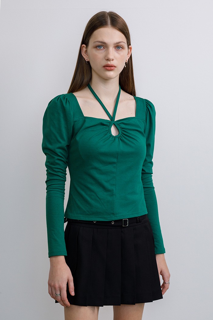Halterneck puff sleeve T-shirt (green)