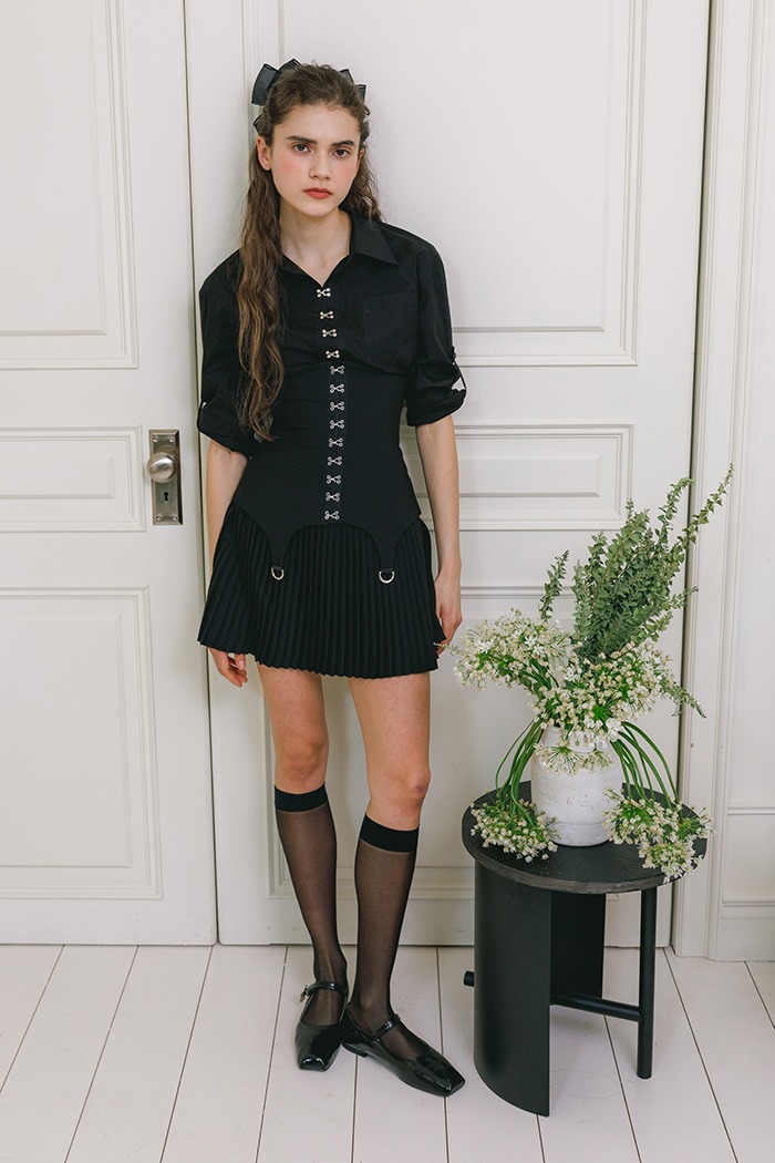 Corset hook pleats skirt set (black)