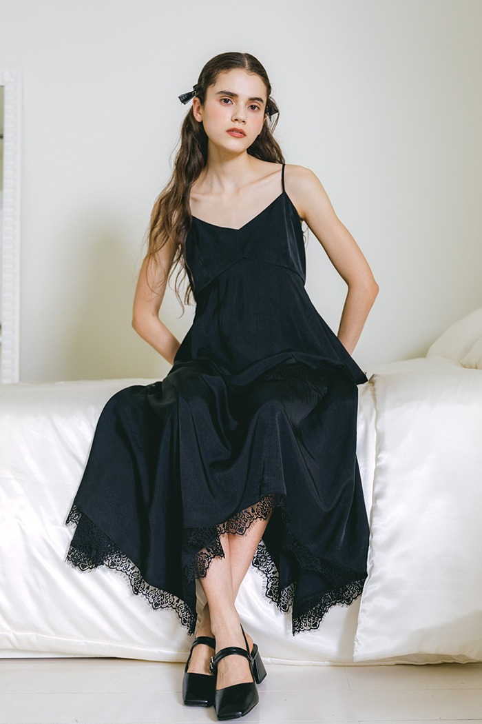 Lace frill slip long dress (black)